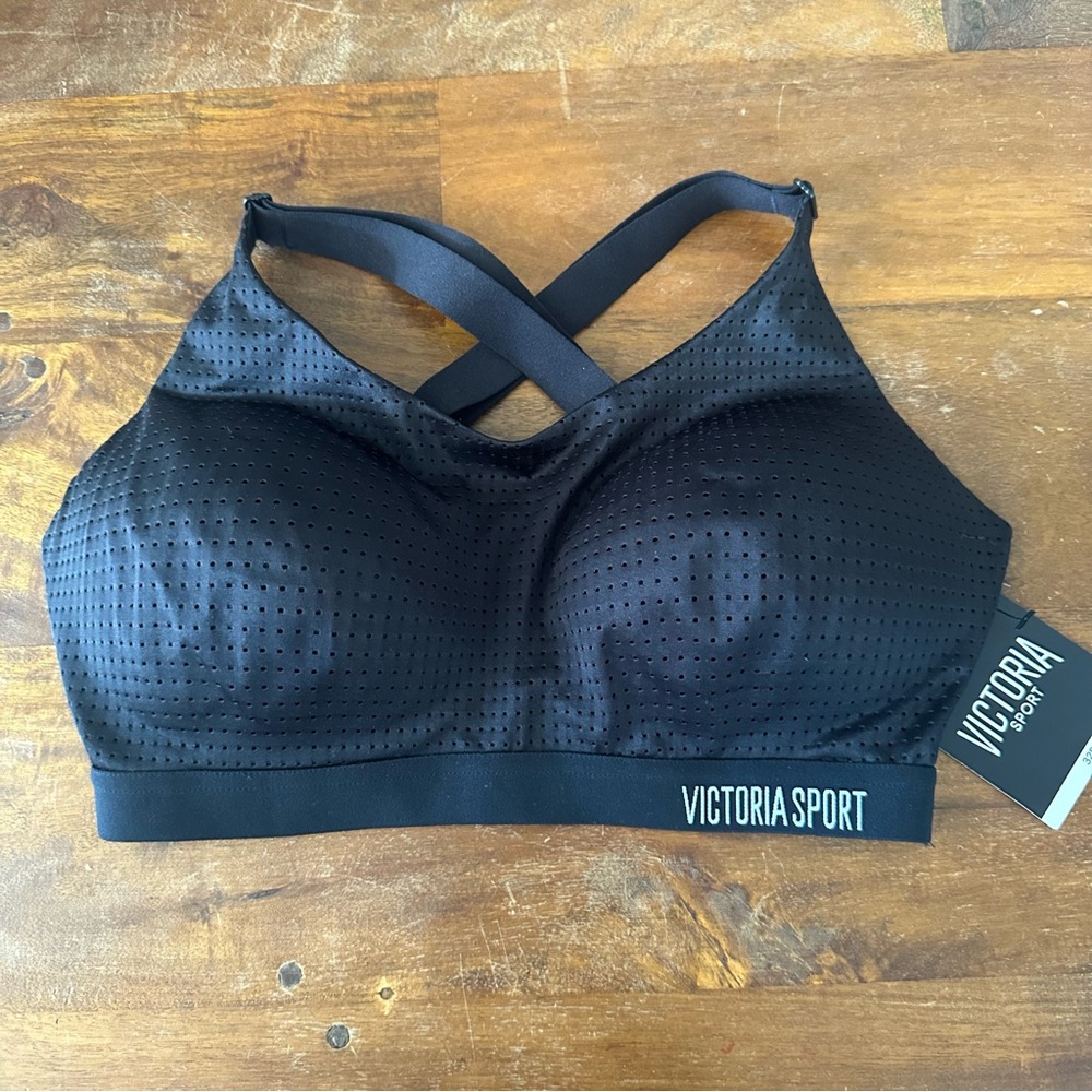 Victoria’s Secret Black Crisscross‎ Perforated look Sports Bra 32DD NWT